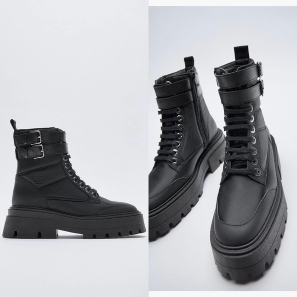 Zara Lace up Chunky Lug Sole Nylon Padded Low Heel Zip Ankle Black Buckle Boots